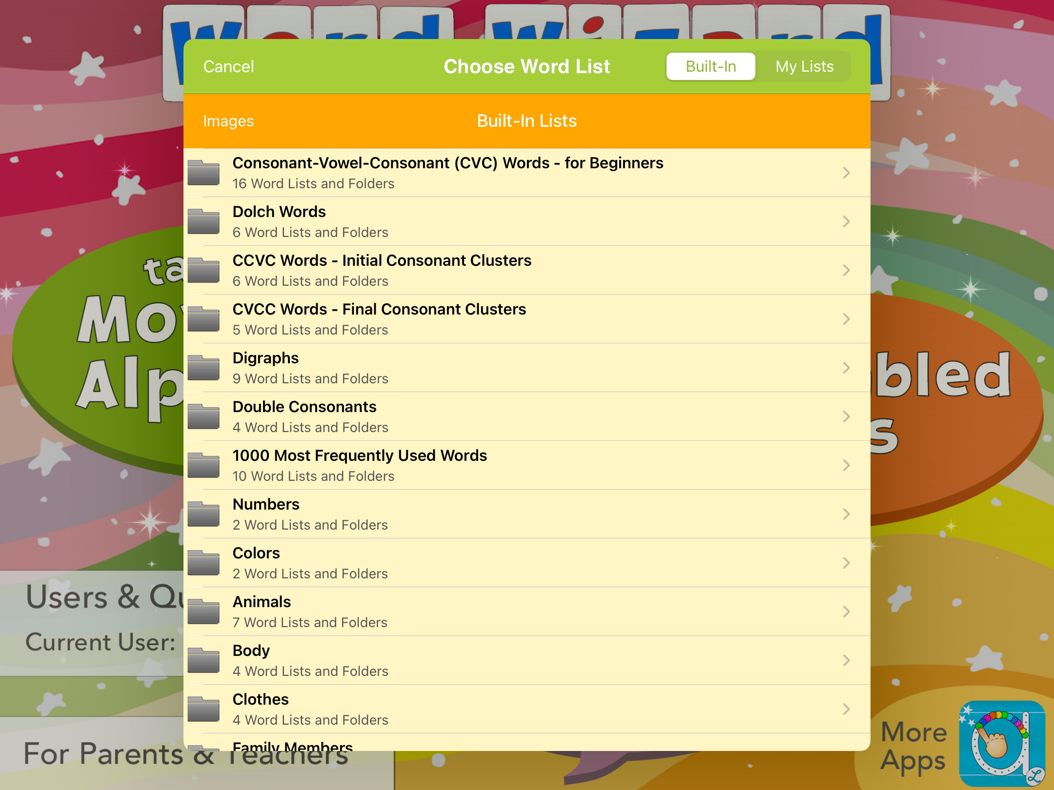 Screenshot of Word Wizard lists