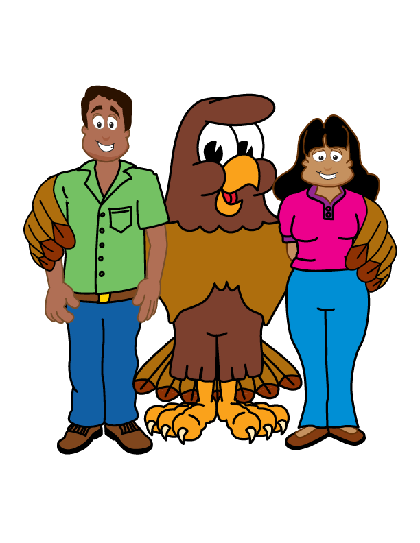 Man with green shirt and blue pants and woman with pink shirt and blue pants standing with Freddy falcon