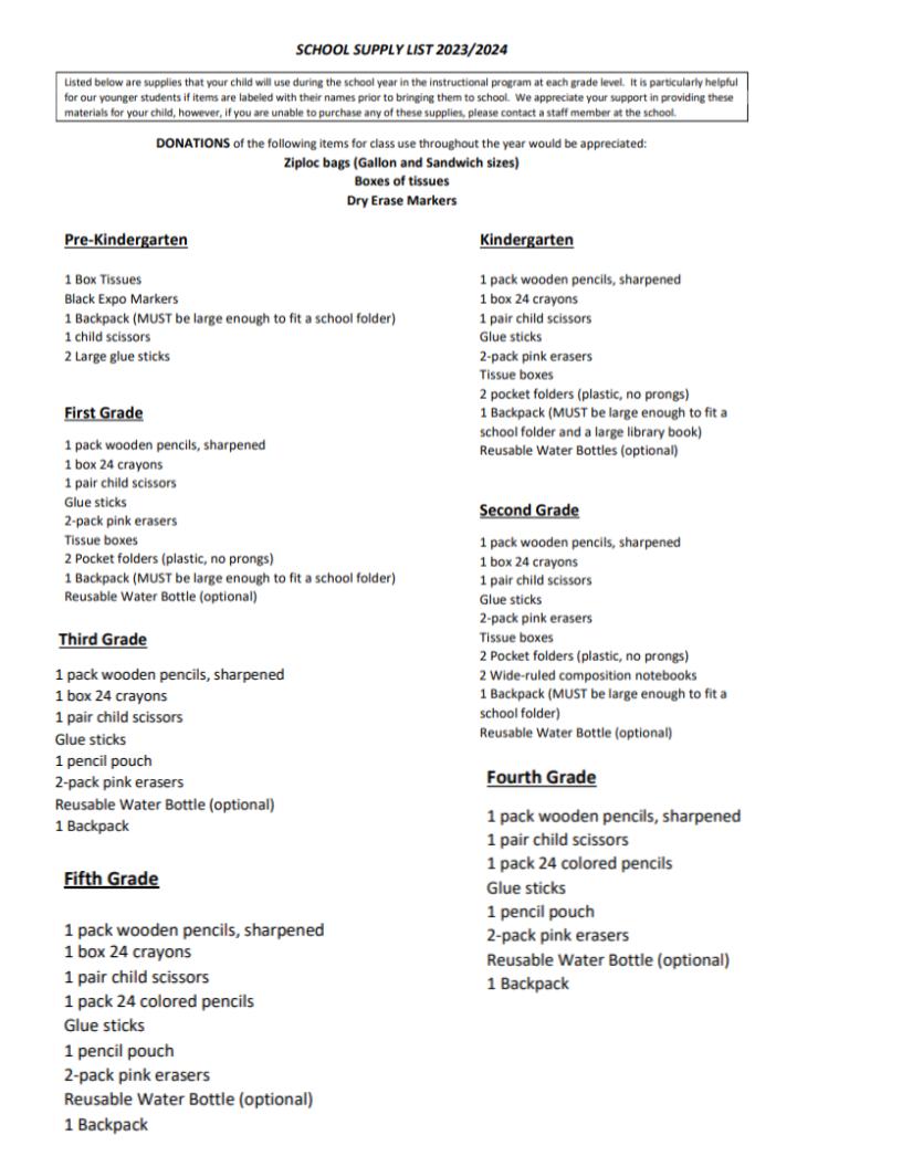 23-24 School Supply List English