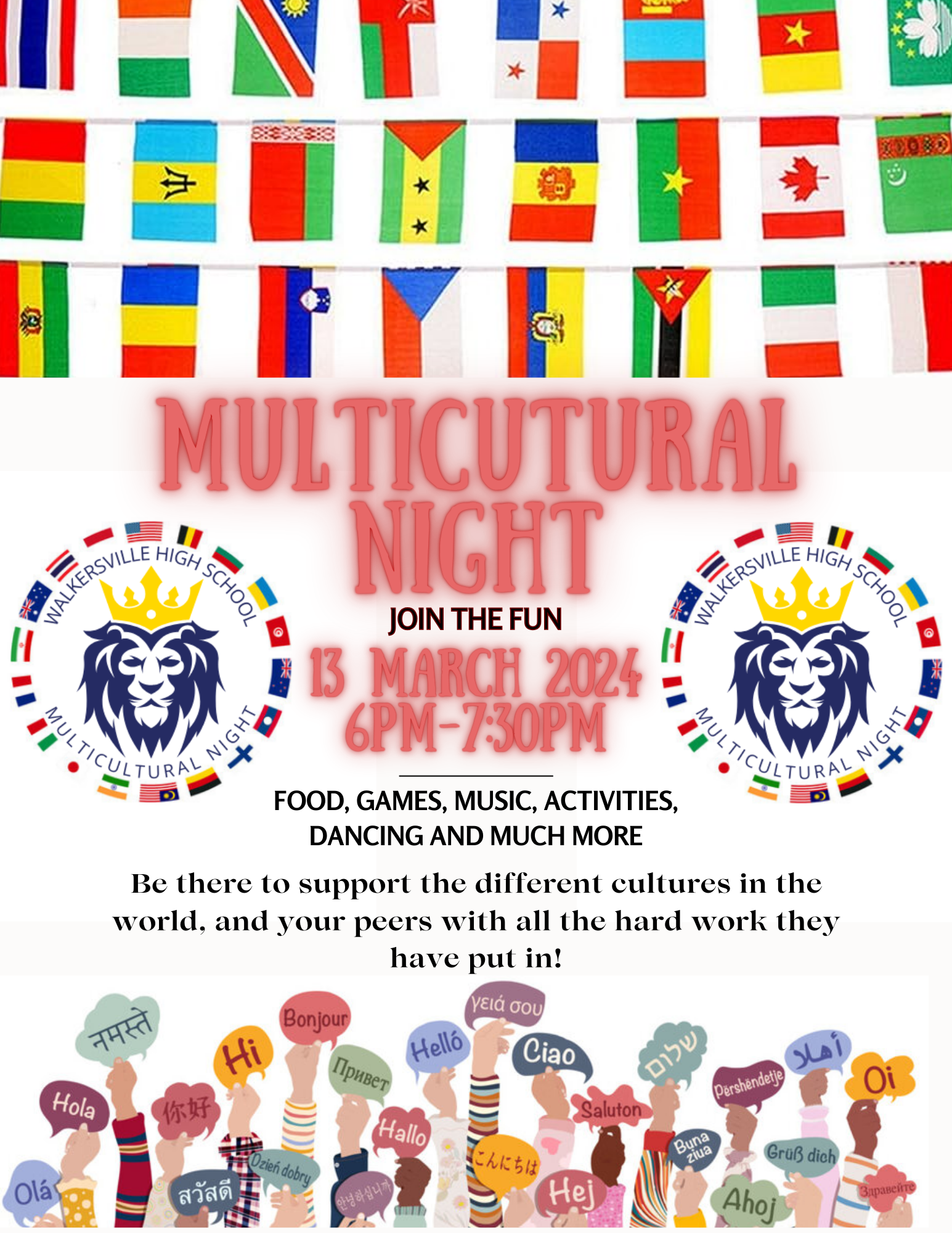 Multicultural Night Wednesday, March 13th, from 6pm to 7:30pm to celebrate with us! 